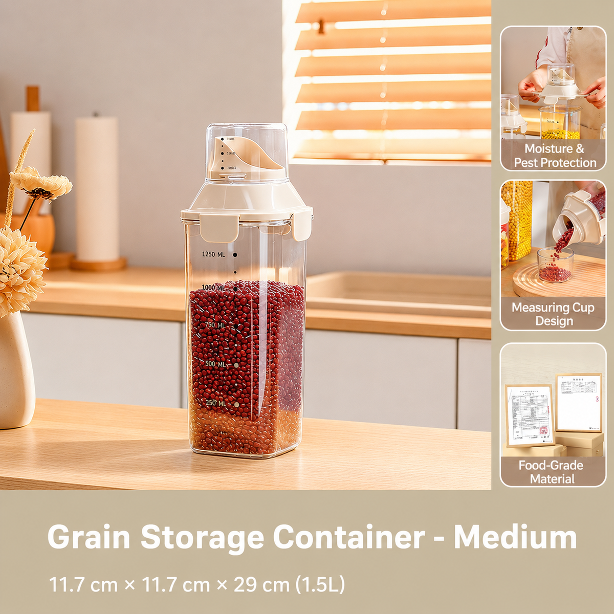 Airtight Grain Storage Container with Measuring Cup